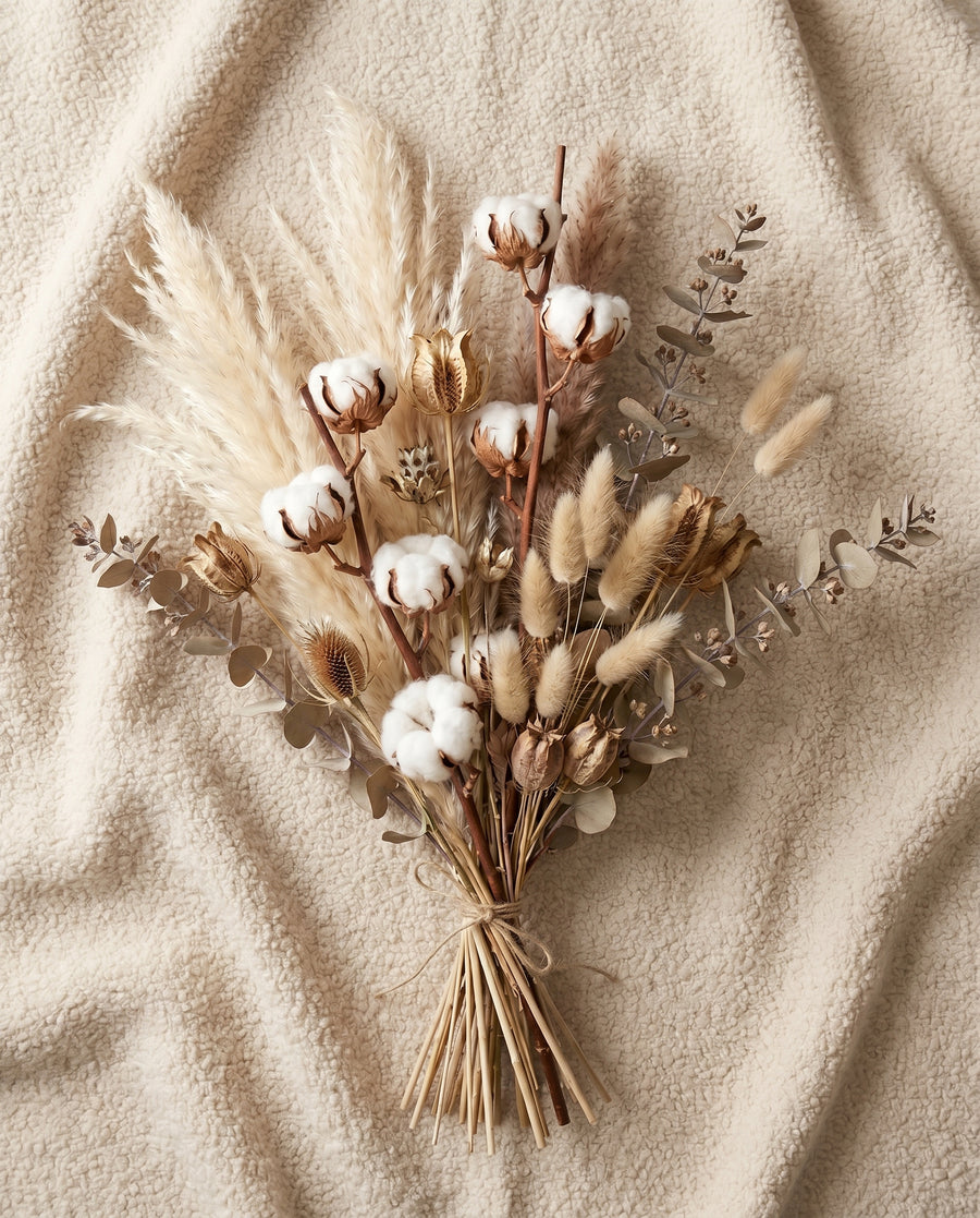Trockenblumenstrauß Flat-Lay auf Creme-Bouclé