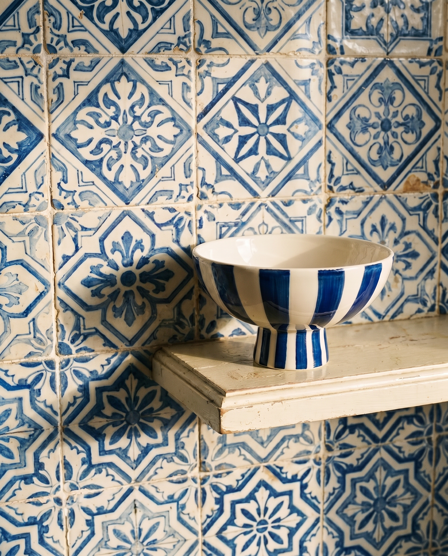 Riva Schale Stripe vor Azulejo-Fliesen, weiches Licht