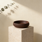 Japandi Catch All Bowl in Dunkel-Braun, Editorial, Cream Travertine Block Pedestal