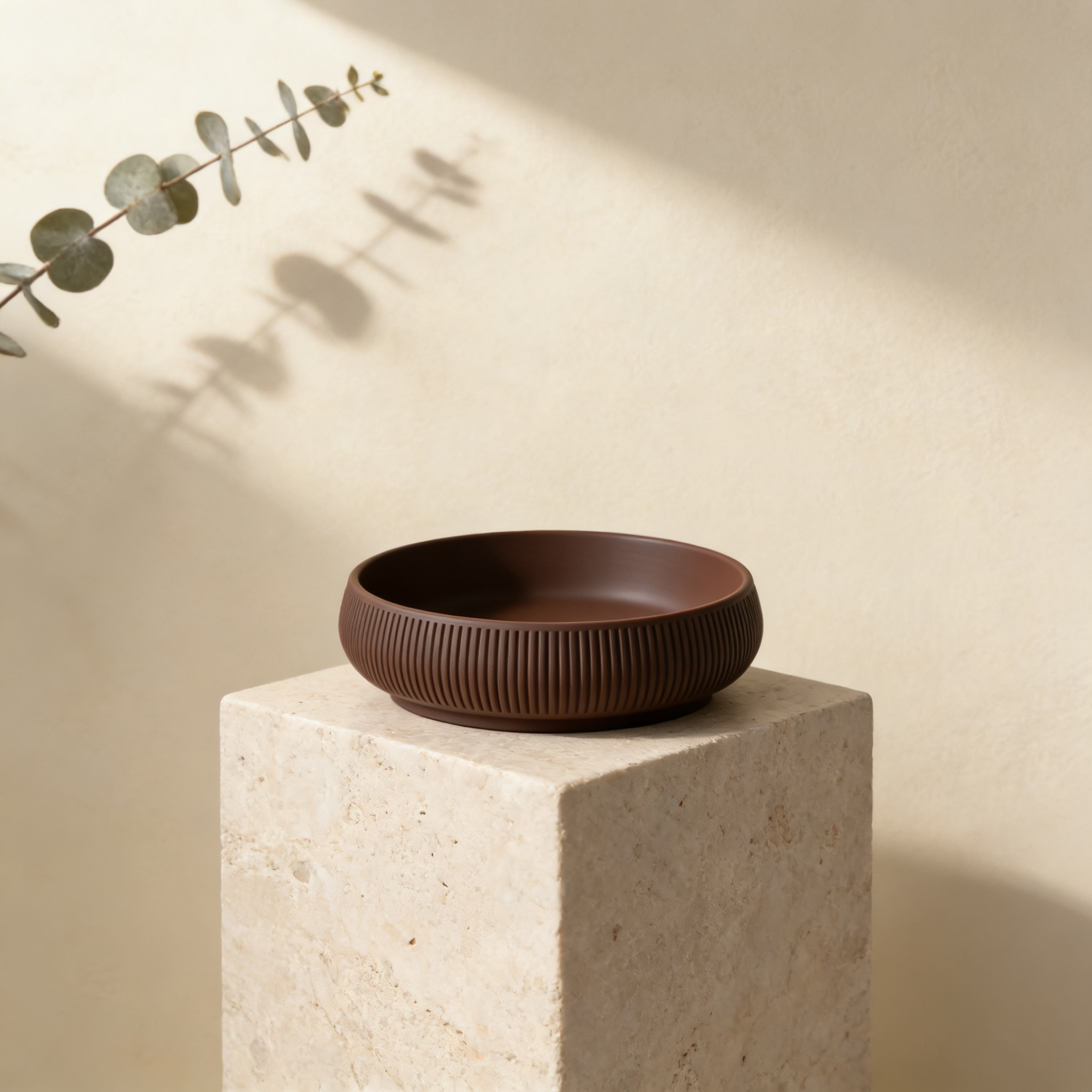 Japandi Catch All Bowl in Dunkel-Braun, Editorial, Cream Travertine Block Pedestal