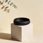 Japandi Catch All Bowl in Schwarz, Editorial, Cream Travertine Block Pedestal