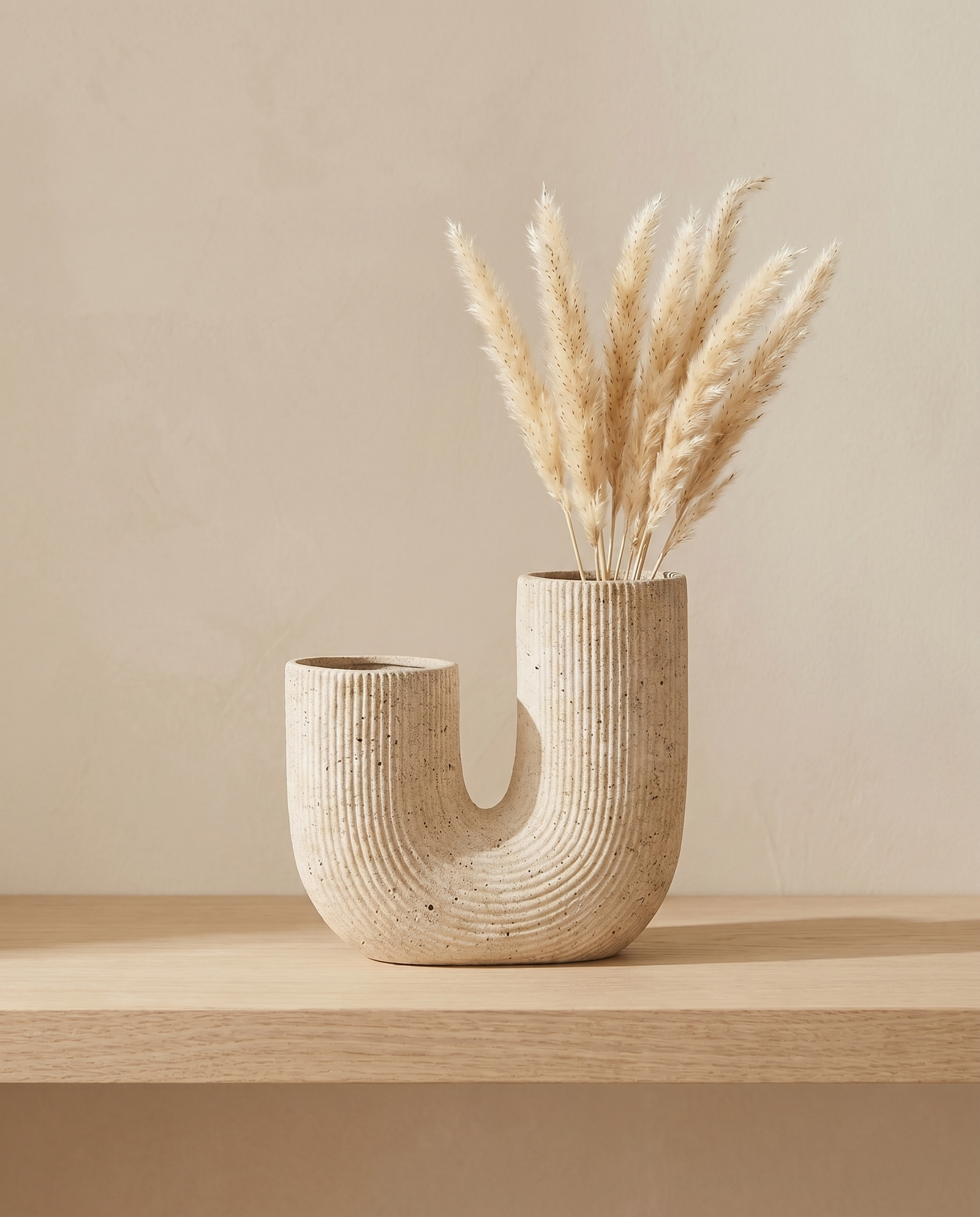 Vase Arco mit Pampasgras in einer Oeffnung, Look auf Holzbrett vor warmer Wand