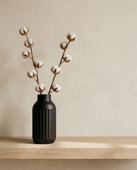 Vase Noira mit Baumwolle Trockenblumen, Look auf Holzbrett vor warmer Putzwand