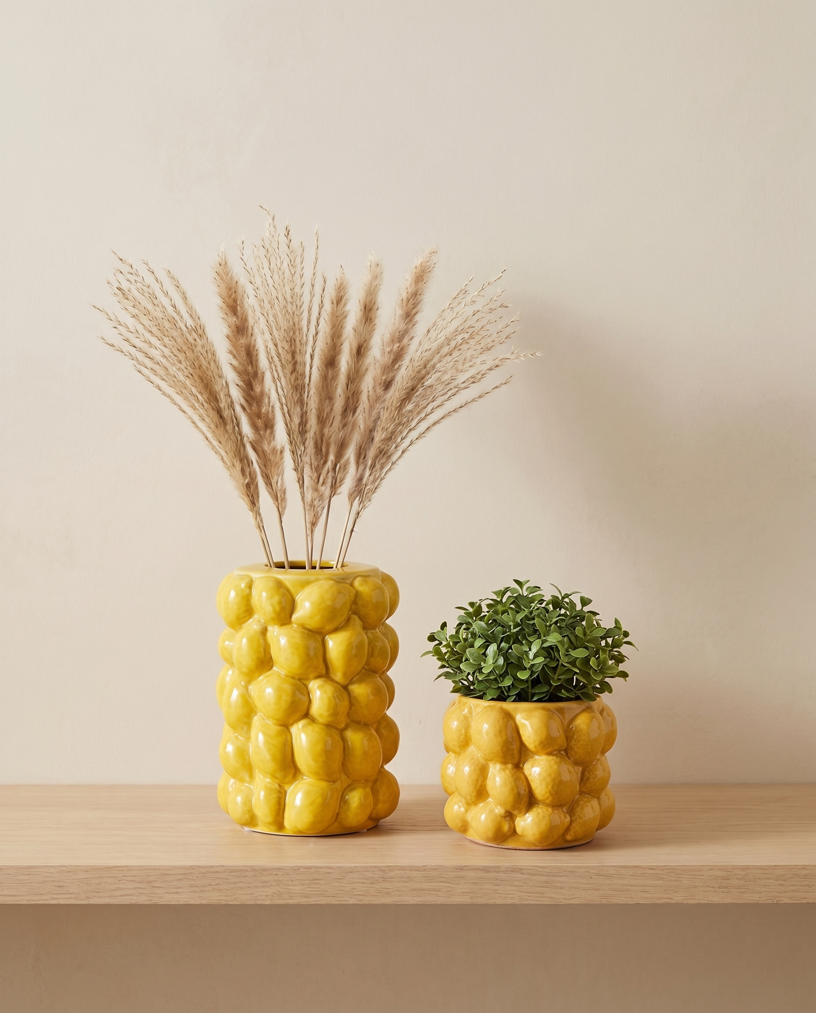 Vase Zitrone mit Blumentopf Zitrone, gelbes Zitronen-Relief-Set auf Holzbrett