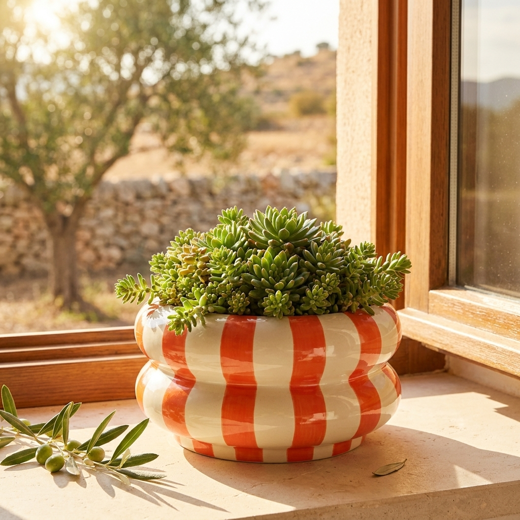 Topf Marlon in Orange/Weiß, Lifestyle auf Fensterbank mit Sedum